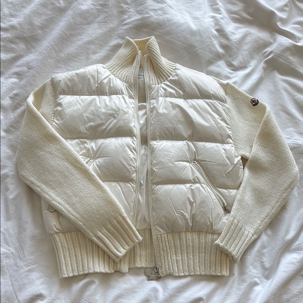 Moncler Cream Puffer Jacket with Knit Sleeves